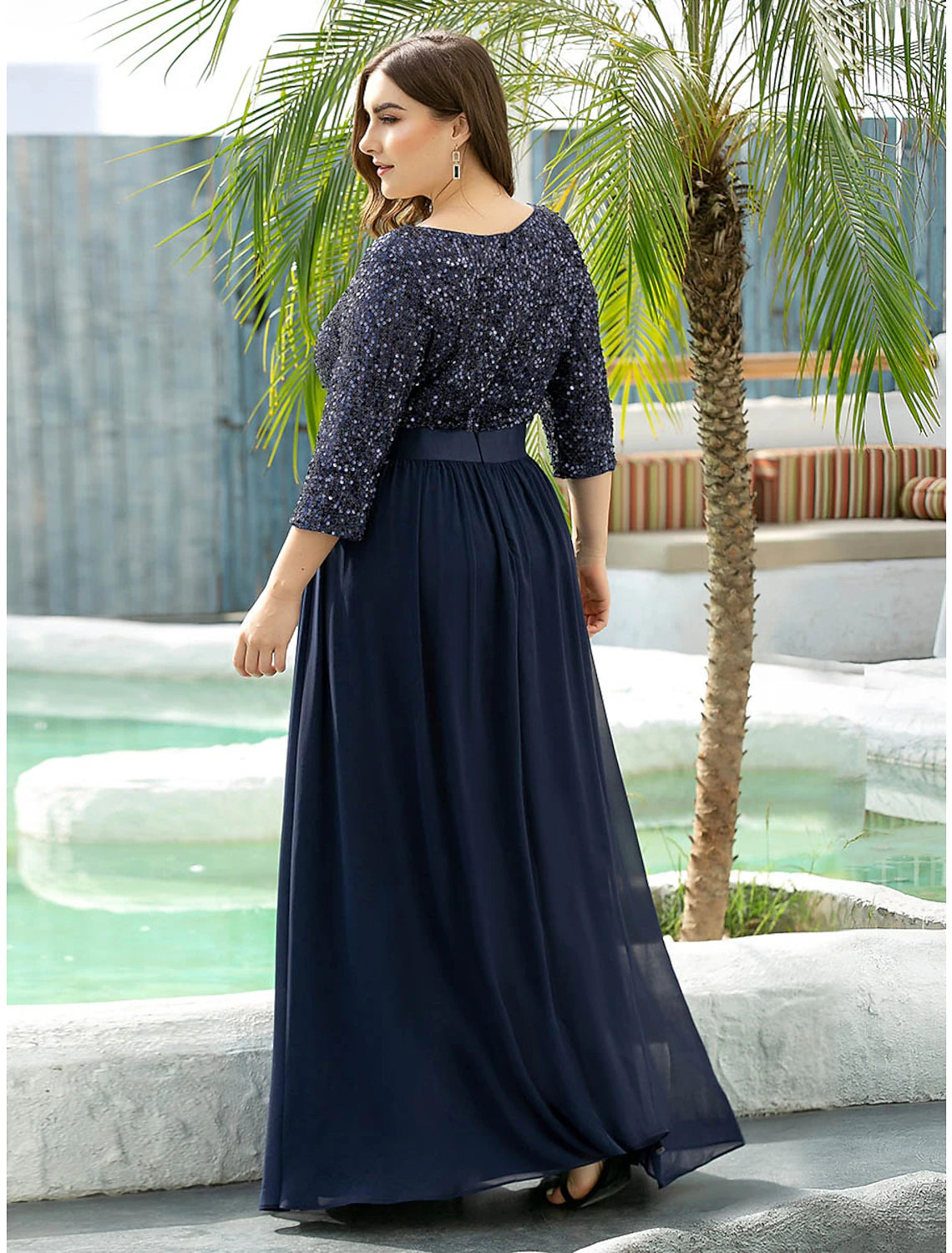 A-Line Mother of the Bride Dress Wedding Guest Plus Size Elegant Jewel Neck Floor Length Tulle Sequined 3/4 Length Sleeve