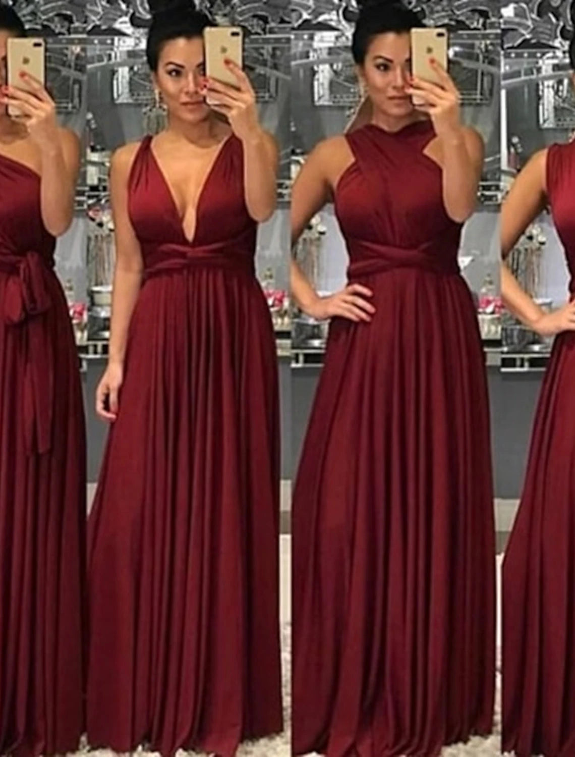 Luolandi A-Line Bridesmaid Dress V Neck Sleeveless Convertible Floor Length Spandex with Sash / Ribbon