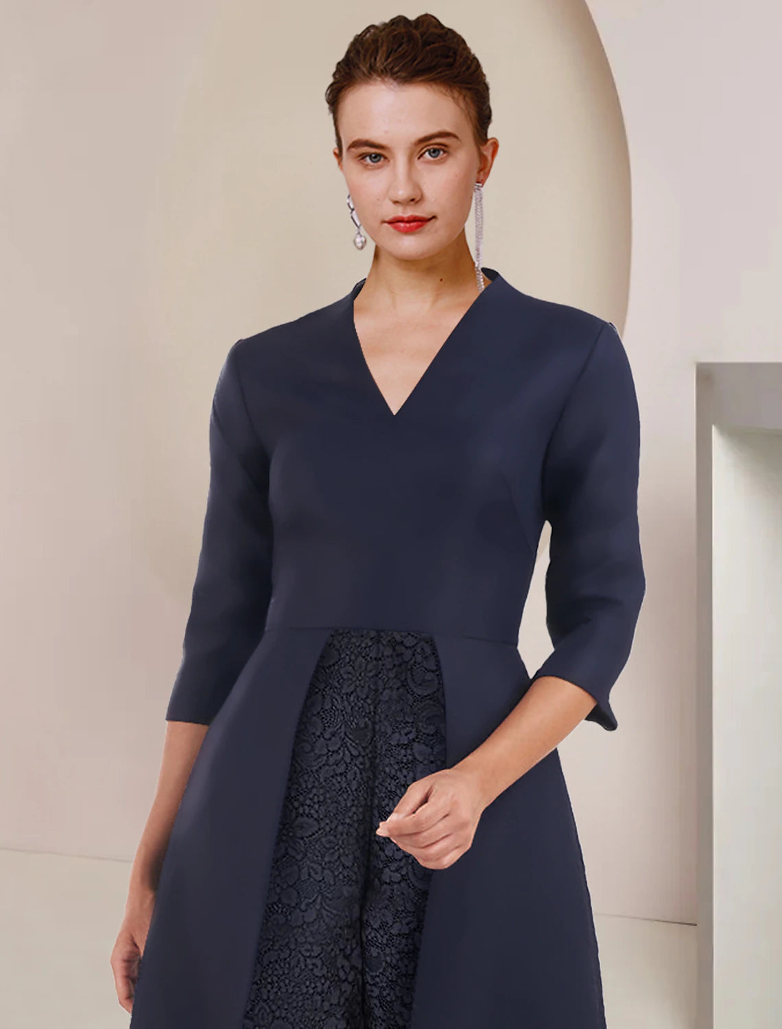 Luolandi Jumpsuit / Pantsuit Mother of the Bride Dress Wedding Guest Party Elegant V Neck Tea Length Taffeta 3/4 Length Sleeve