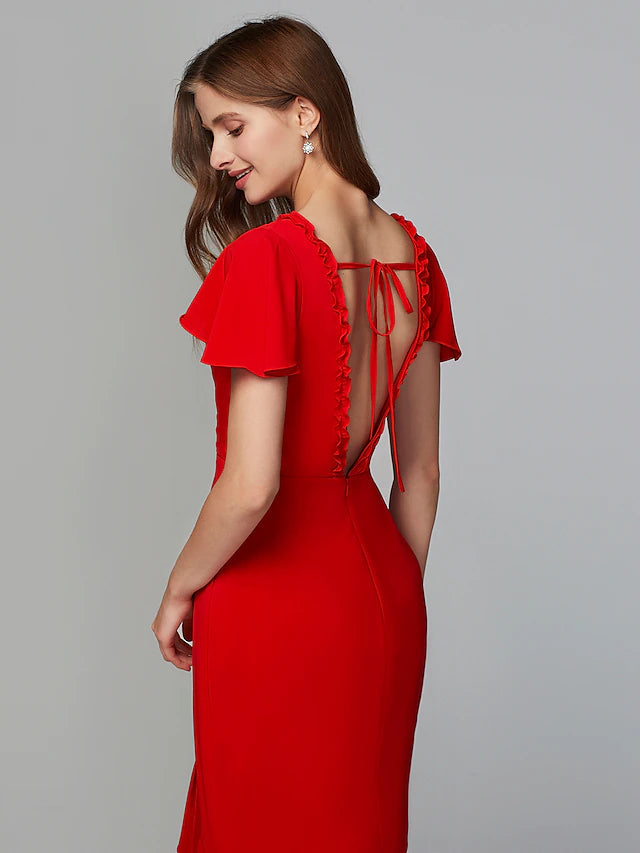 Luolandi Sheath / Column Bridesmaid Dress V Neck Short Sleeve Open Back Floor Length Chiffon with Split