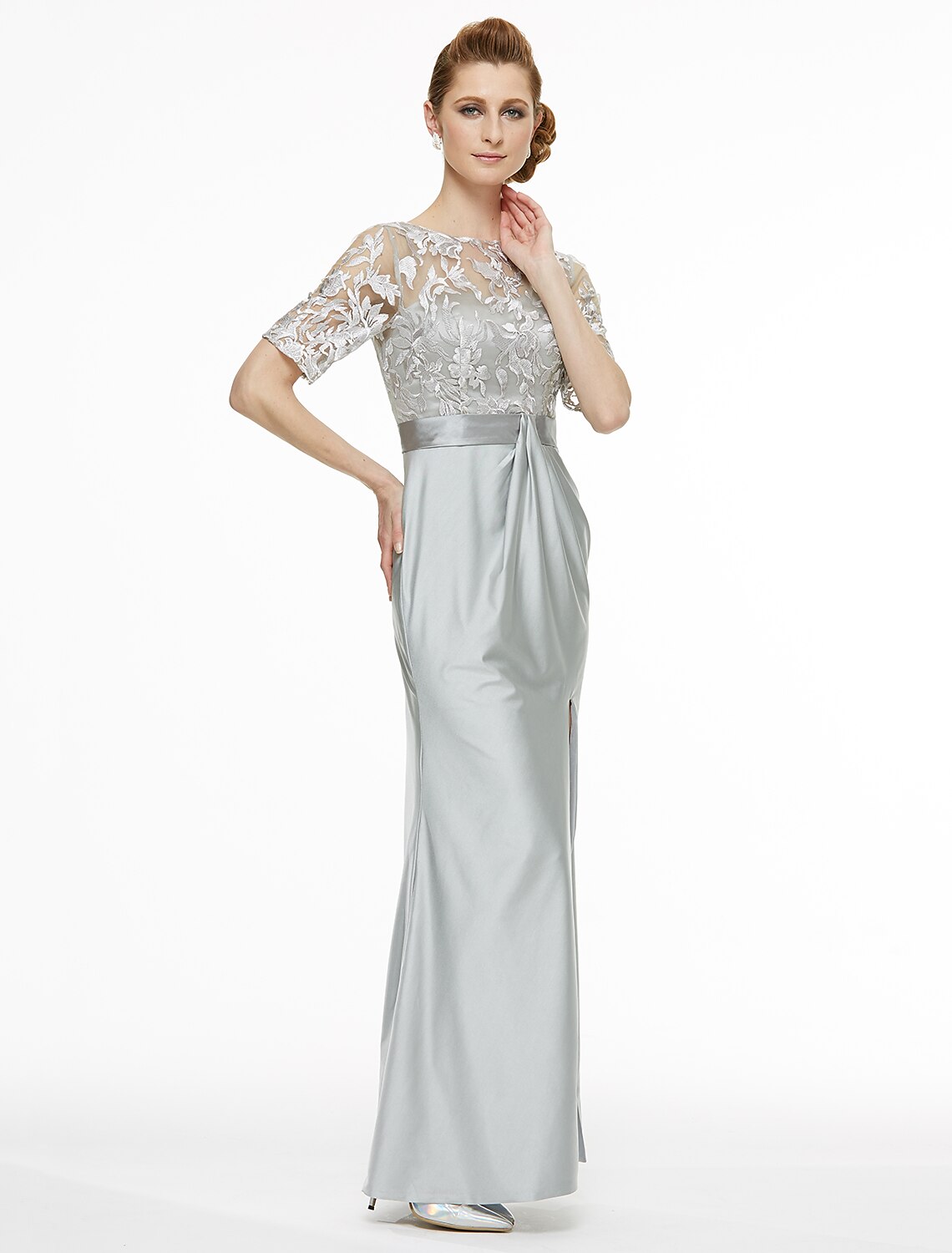Luolandi Sheath / Column Bateau Neck Ankle Length Lace / Jersey Mother of the Bride Dress with Lace