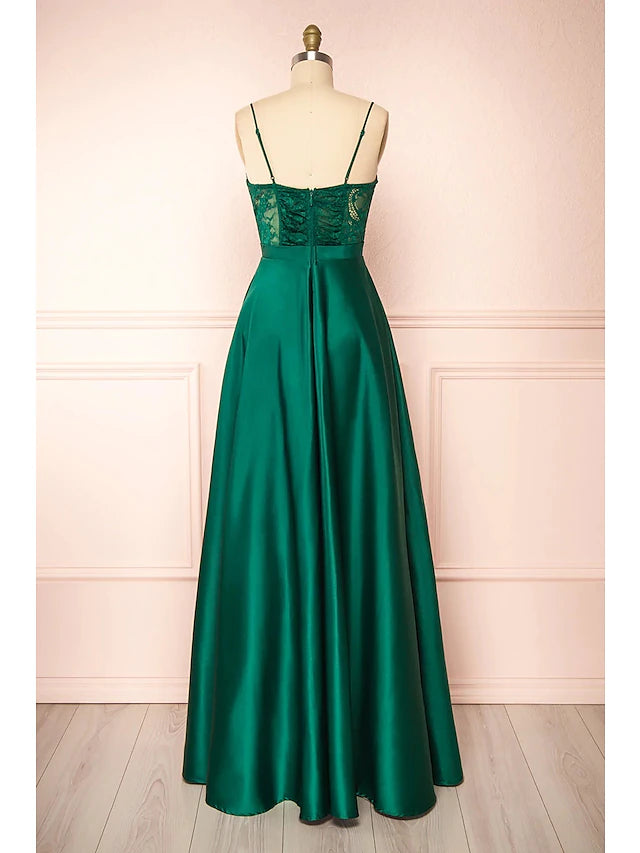 Luolandi A-Line Prom Dresses See Through Dress Formal Floor Length Sleeveless Sweetheart Satin Backless