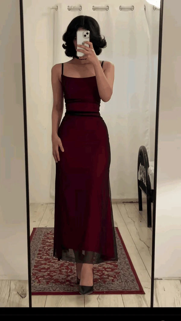Luolandi Burgundy Spaghetti Straps Sheath Tulle Long Party Dress Evening Dress Formal Dress