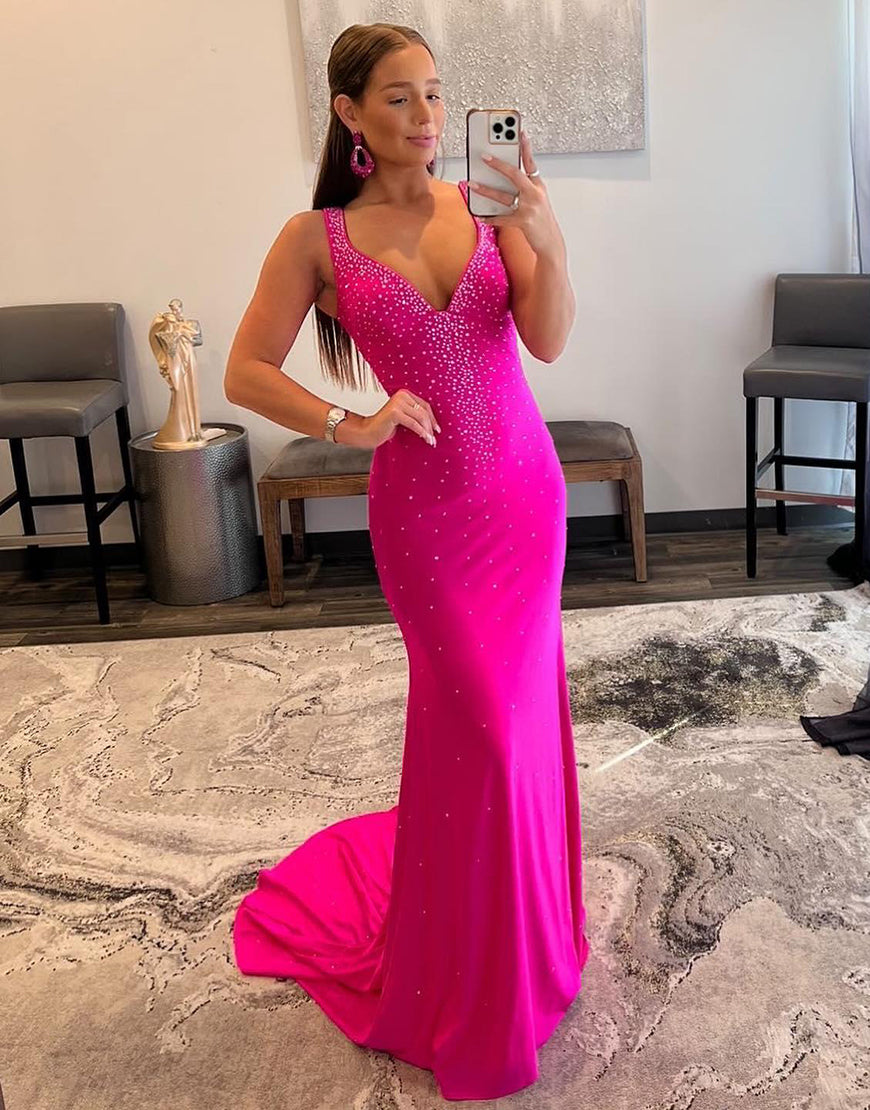 Luolandi Pink Mermaid Prom Dress with Beading V-neck Sexy Evening Dress