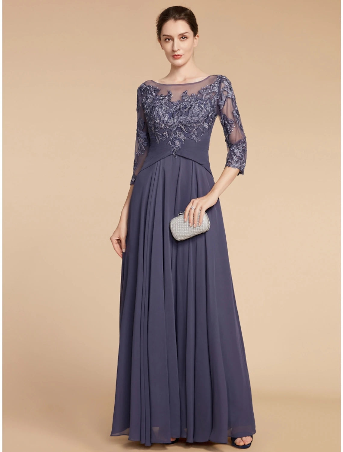 Luolandi A-Line Mother of the Bride Dress Wedding Guest Elegant Scoop Neck Floor Length Chiffon Lace 3/4 Length Sleeve with Ruching