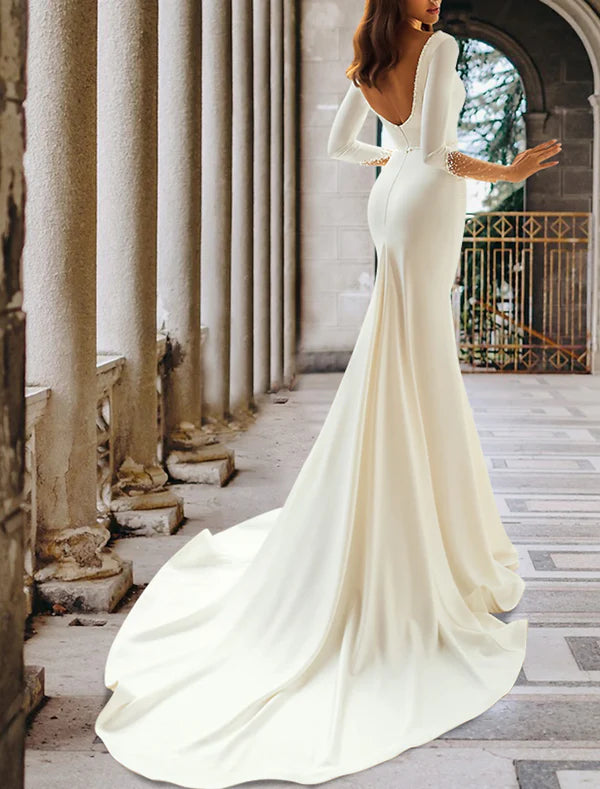 Luolandi Formal Wedding Dresses Mermaid / Trumpet V Neck Long Sleeve Court Train Satin Bridal Gowns With Crystals Beading Sexy