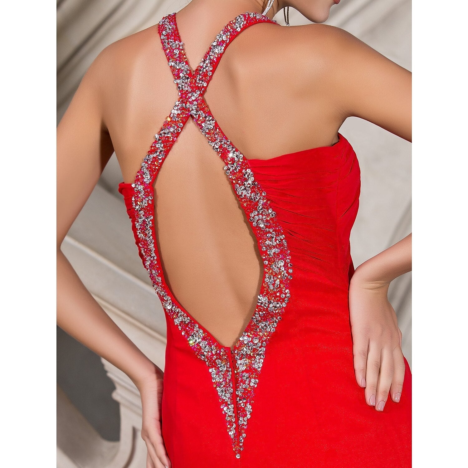 Luolandi A-Line Celebrity Style Dress Wedding Guest Formal Evening Floor Length Sleeveless Plunging Neck Chiffon