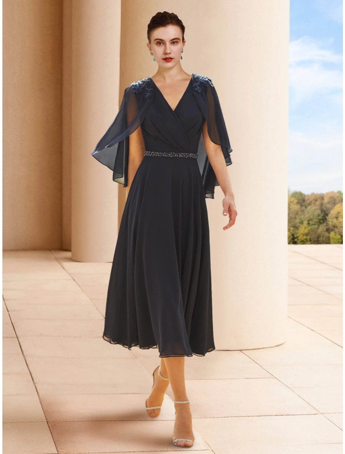 Luolandi A-Line Mother of the Bride Dress Wedding Guest Elegant Petite V Neck Tea Length Chiffon Half Sleeve with Sequin