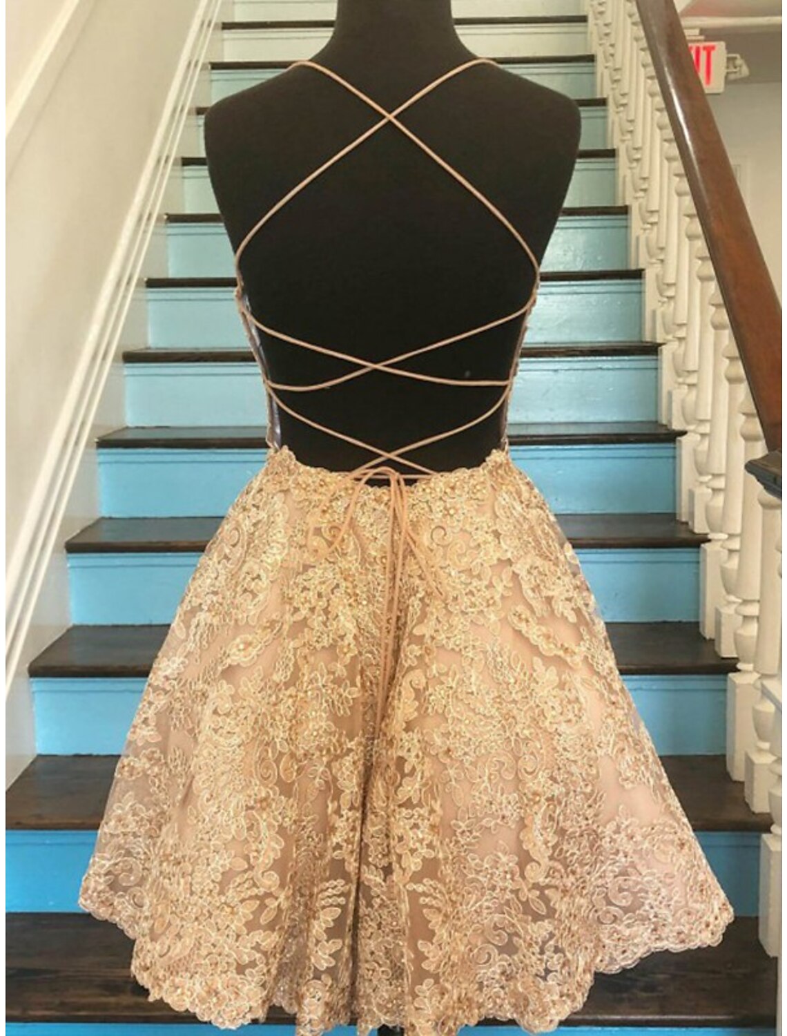 Luolandi A-Line Short Homecoming Dresses Holiday Sleeveless Spaghetti Strap Lace Graduation Dress