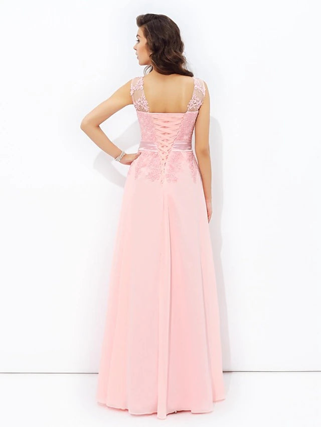Luolandi A-Line Prom Dresses Sparkle & Shine Dress Formal Floor Length Sleeveless Jewel Neck Chiffon