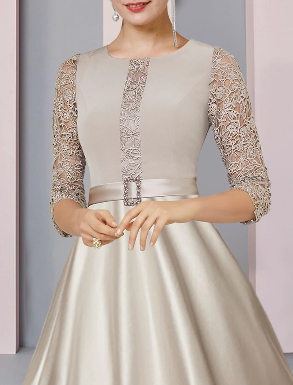 Luolandi A-Line Mother of the Bride Dress Formal Wedding Guest Party Elegant Scoop Neck Tea Length Satin Lace Half Sleeve with Crystal