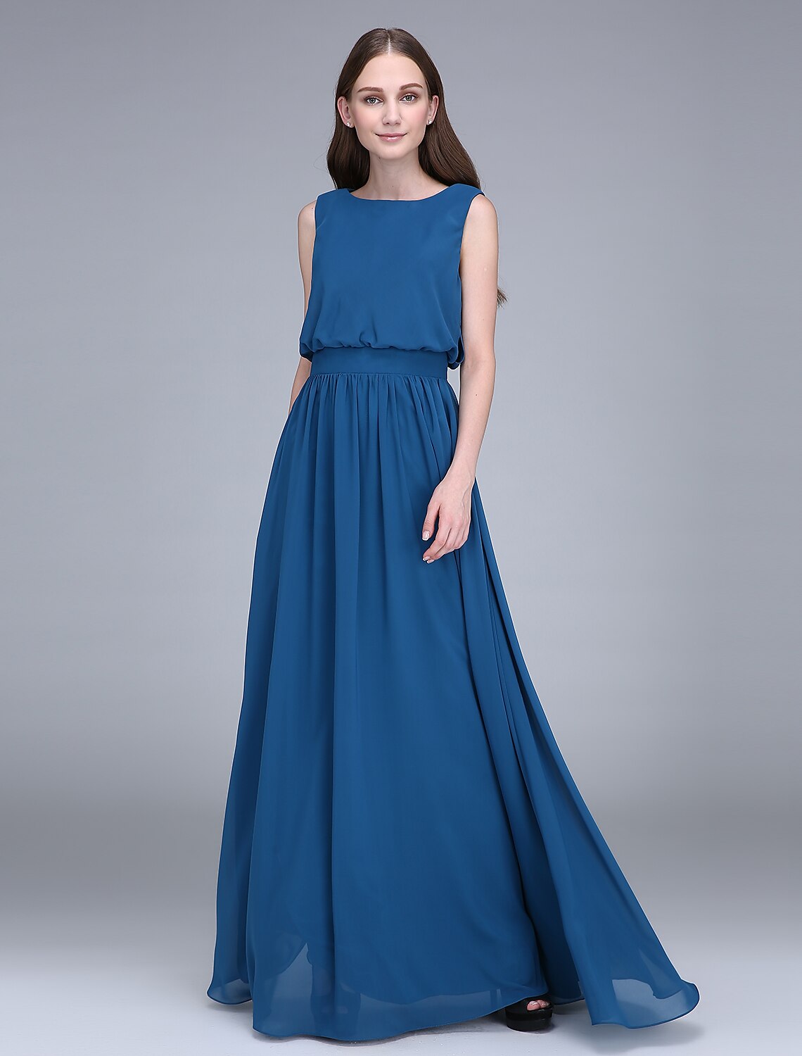 Luolandi Sheath / Column Bridesmaid Dress Jewel Neck Sleeveless Floor Length Chiffon with Sash