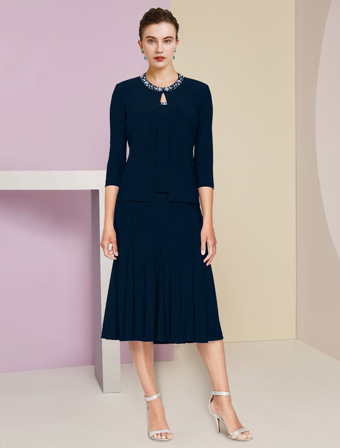 Luolandi A-Line Mother of the Bride Dress Wedding Guest Elegant Petite Jewel Neck Knee Length Fabric 3/4 Length Sleeve with Pleats