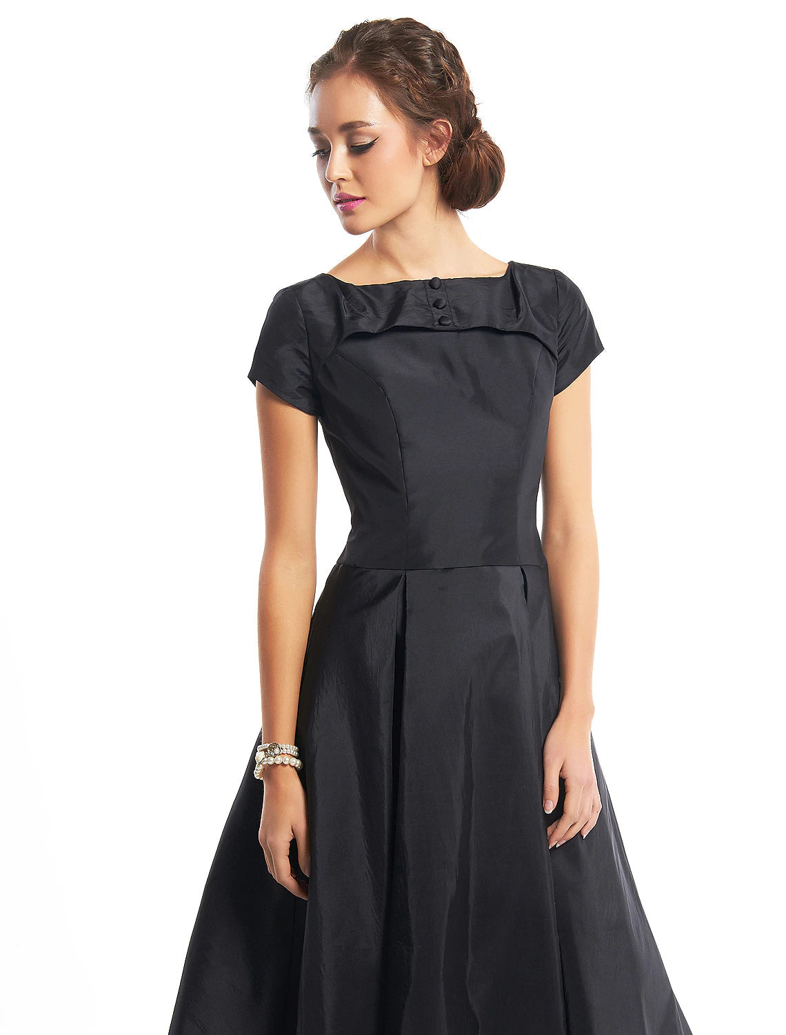 Luolandi A-Line Black Dress Vintage Homecoming Wedding Guest Tea Length Short Sleeve Boat Neck Taffeta