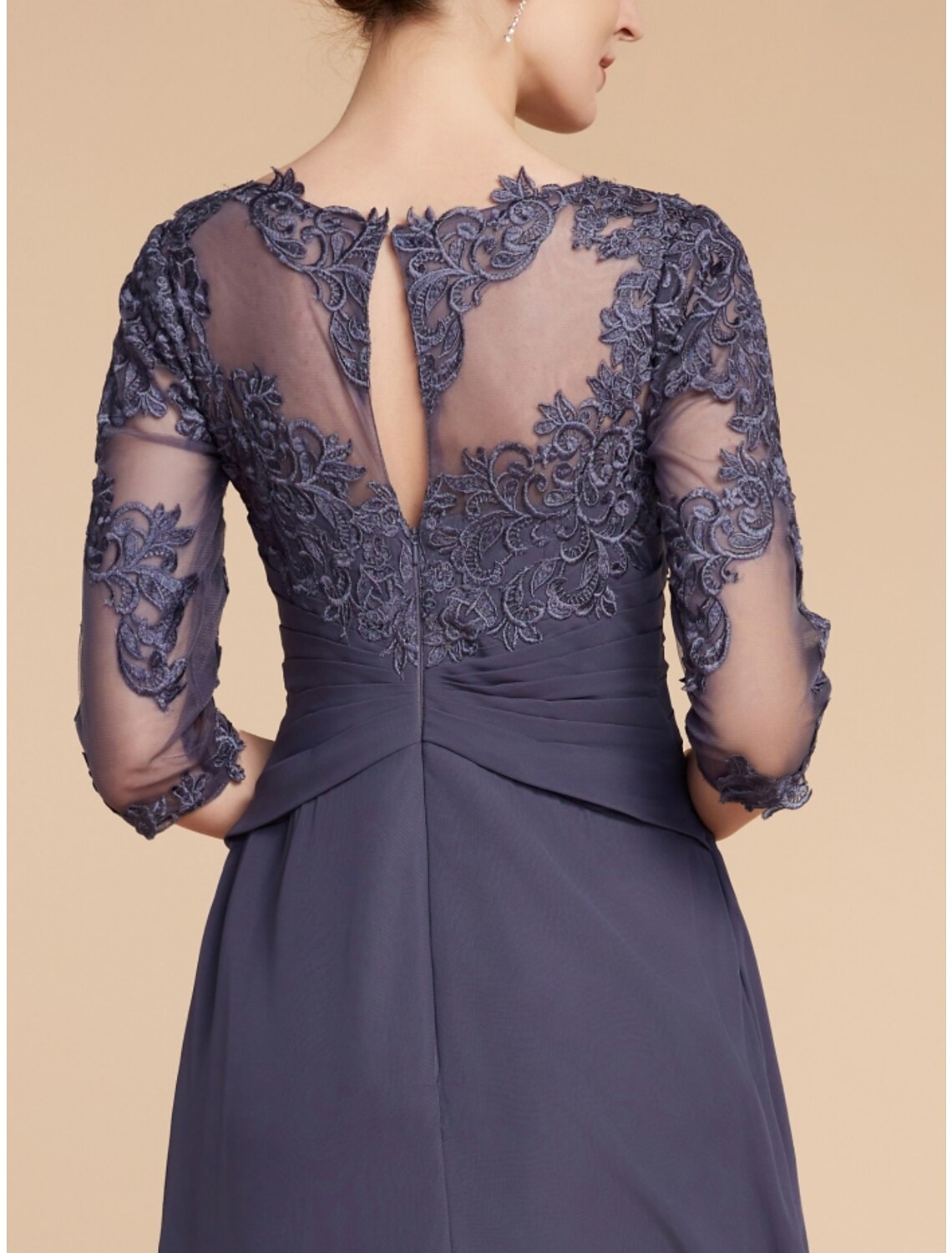 Luolandi A-Line Mother of the Bride Dress Wedding Guest Elegant Scoop Neck Ankle Length Chiffon Lace 3/4 Length Sleeve