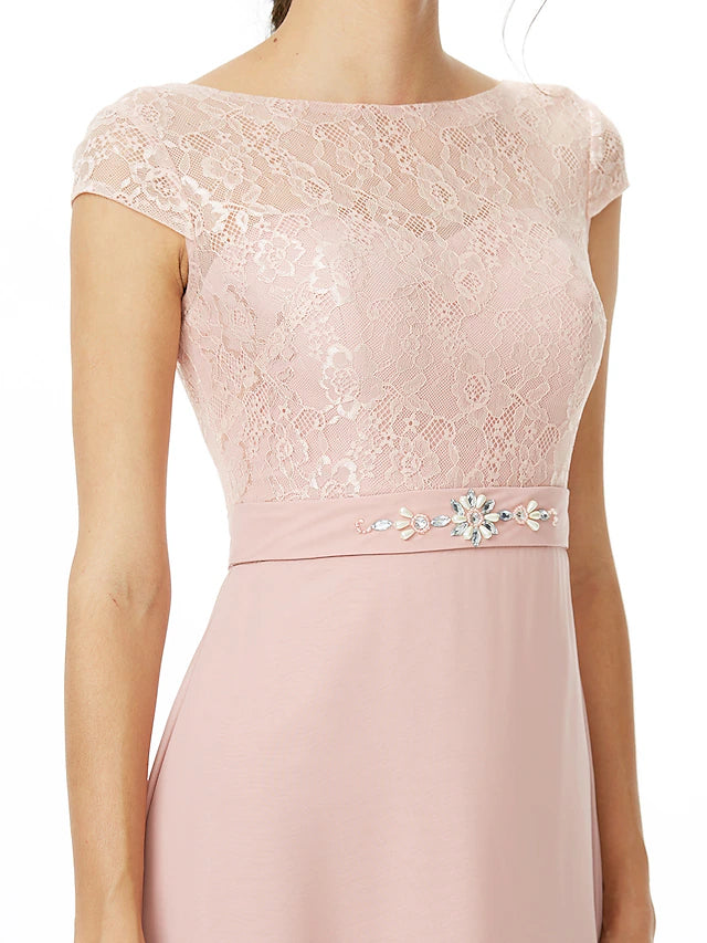 Luolandi Sheath / Column Bridesmaid Dress Bateau Neck Short Sleeve Elegant Floor Length Chiffon / Lace with Lace / Sash / Ribbon