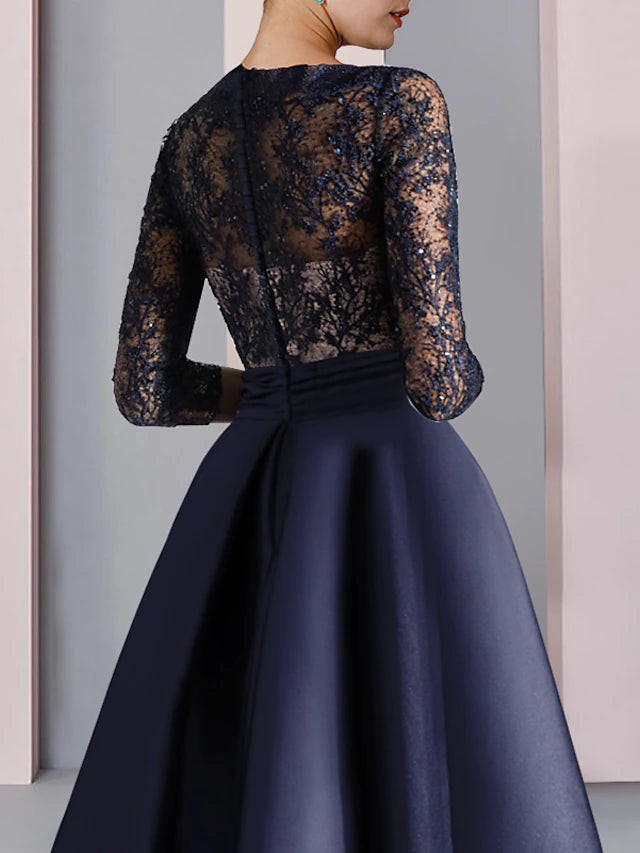 Luolandi A-Line Mother of the Bride Dress Formal Party Elegant V Neck Floor Length Satin Lace Half Sleeve
