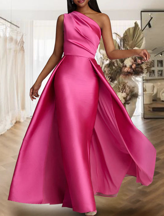 Sheath Red Green Dress Evening Gown Hot Pink Dress Wedding Guest Floor Length Sleeveless One Shoulder Satin with Overskirt