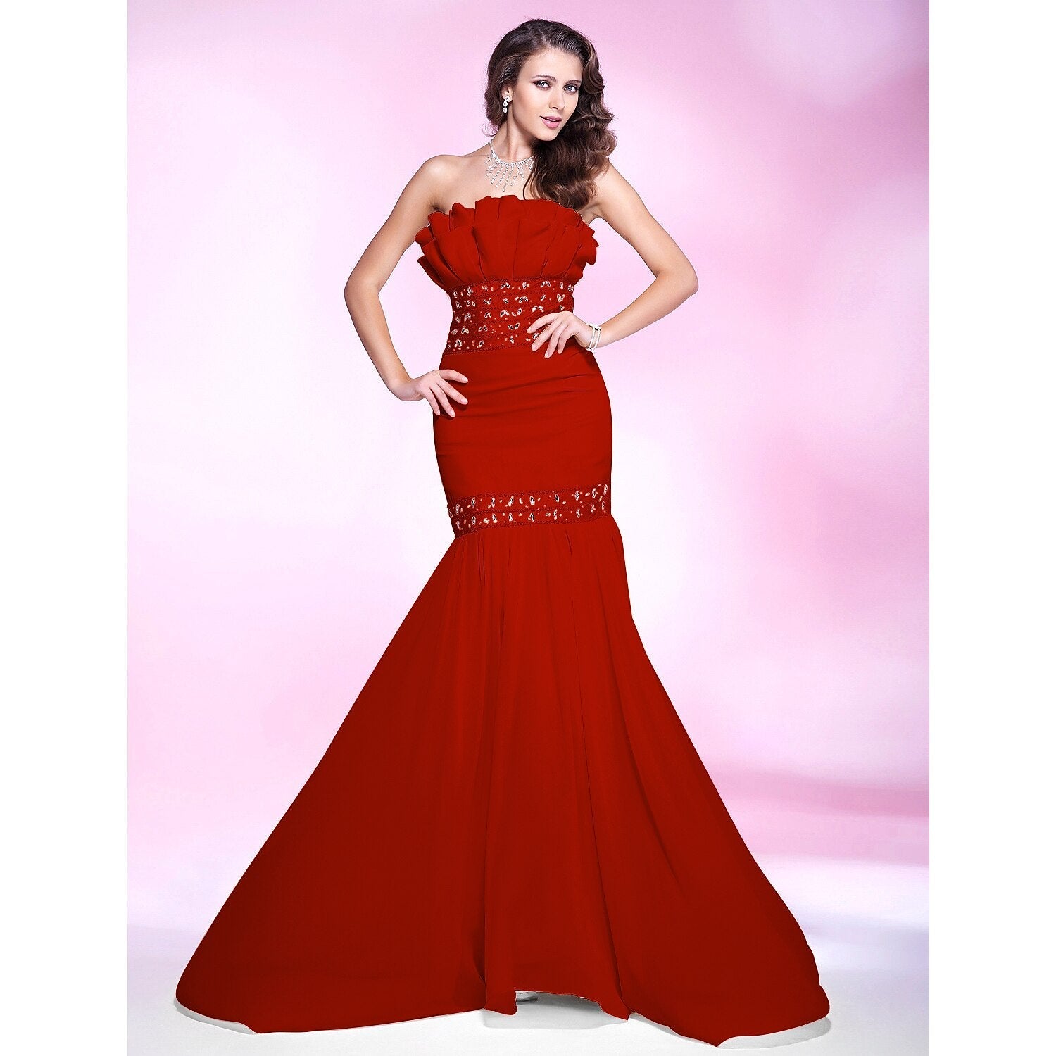 Luolandi Mermaid / Trumpet Elegant Engagement Formal Evening Dress Strapless Sleeveless Sweep / Brush Train Chiffon with Beading