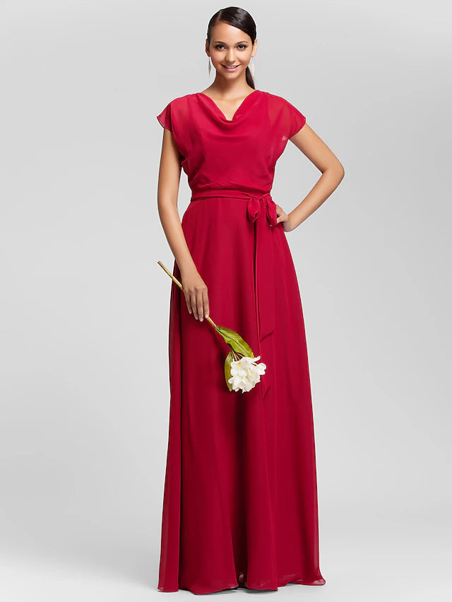 Luolandi Sheath / Column Bridesmaid Dress Cowl Neck Short Sleeve Elegant Floor Length Chiffon with Sash / Ribbon