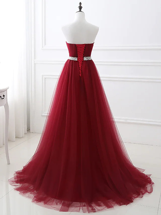 Luolandi A-Line Elegant Quinceanera Prom Valentine's Day Dress Strapless Sleeveless Chapel Train Satin