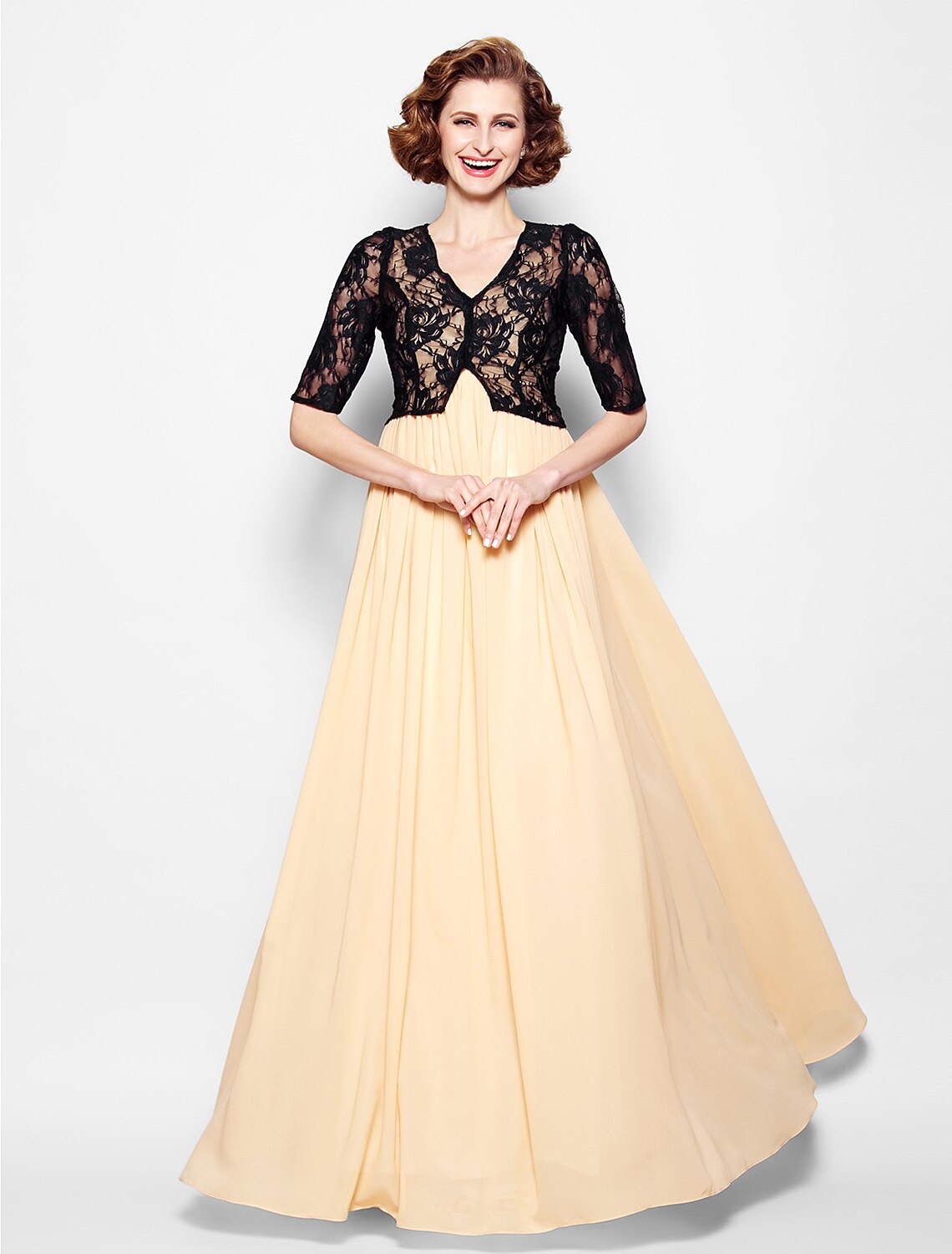 Luolandi A-Line Mother of the Bride Dress V Neck Floor Length Chiffon Lace Half Sleeve Wedding Guest Dress