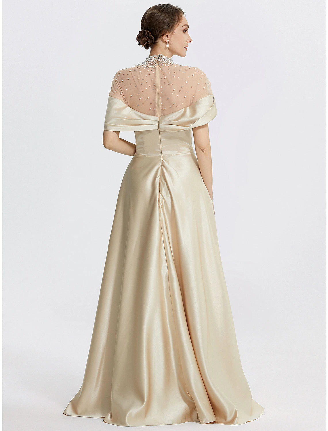 Luolandi A-Line Evening Gown Elegant Dress Formal Prom Floor Length Sleeveless High Neck Italy Satin with Ruched