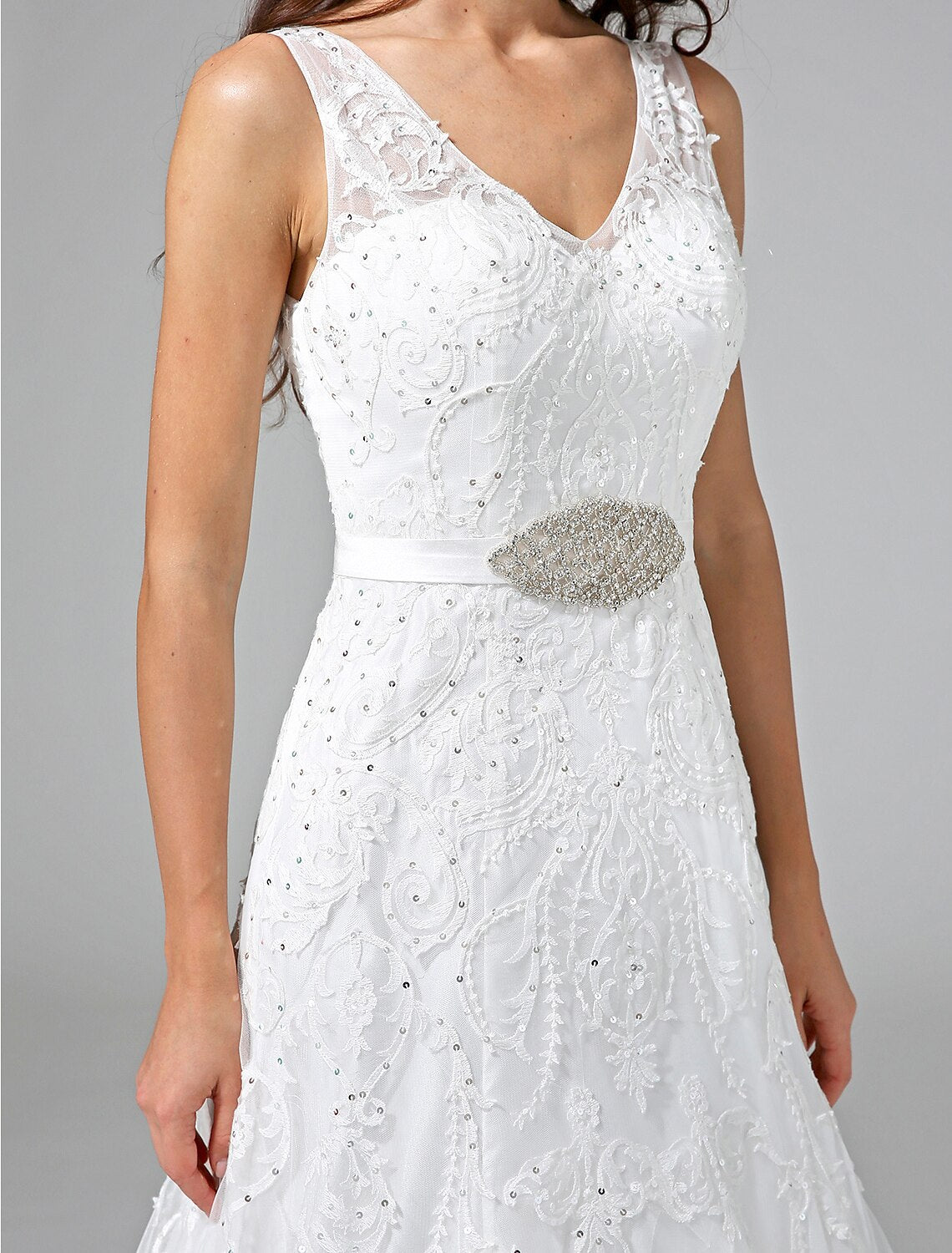 Luolandi Wedding Dresses A-Line V Neck Sleeveless Court Train Lace Bridal Gowns With Sash Beading