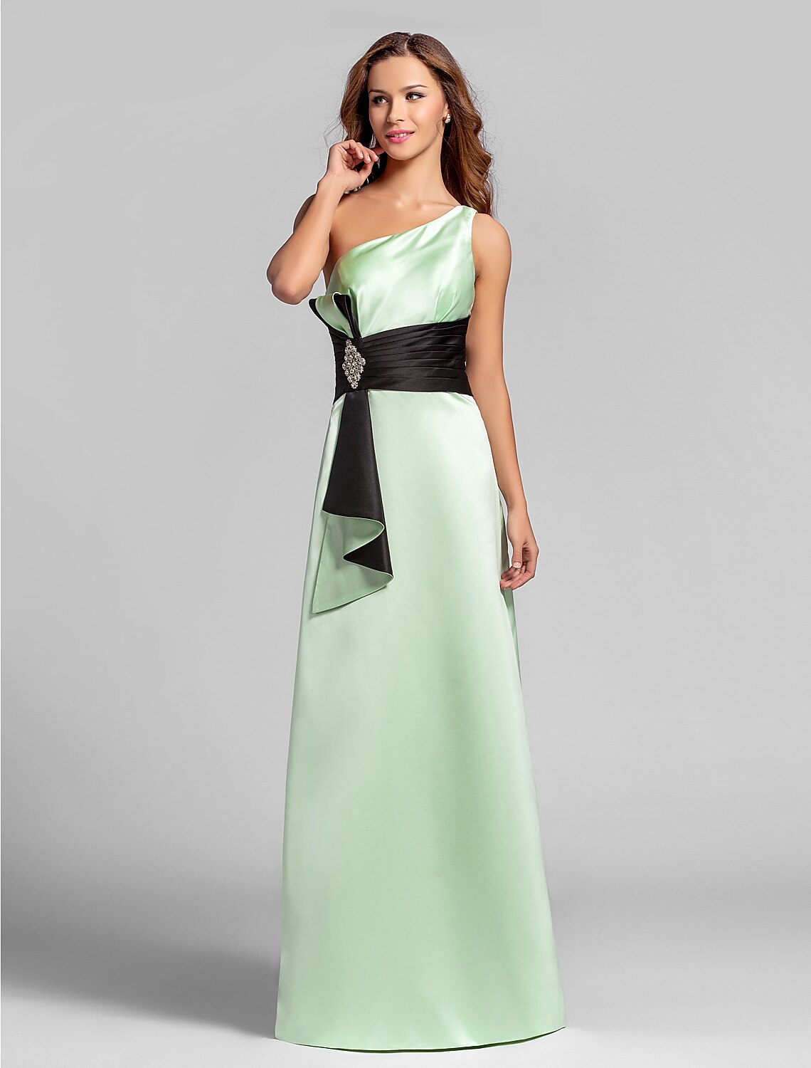 Luolandi A-Line One Shoulder Floor Length Satin Bridesmaid Dress with Crystal Brooch