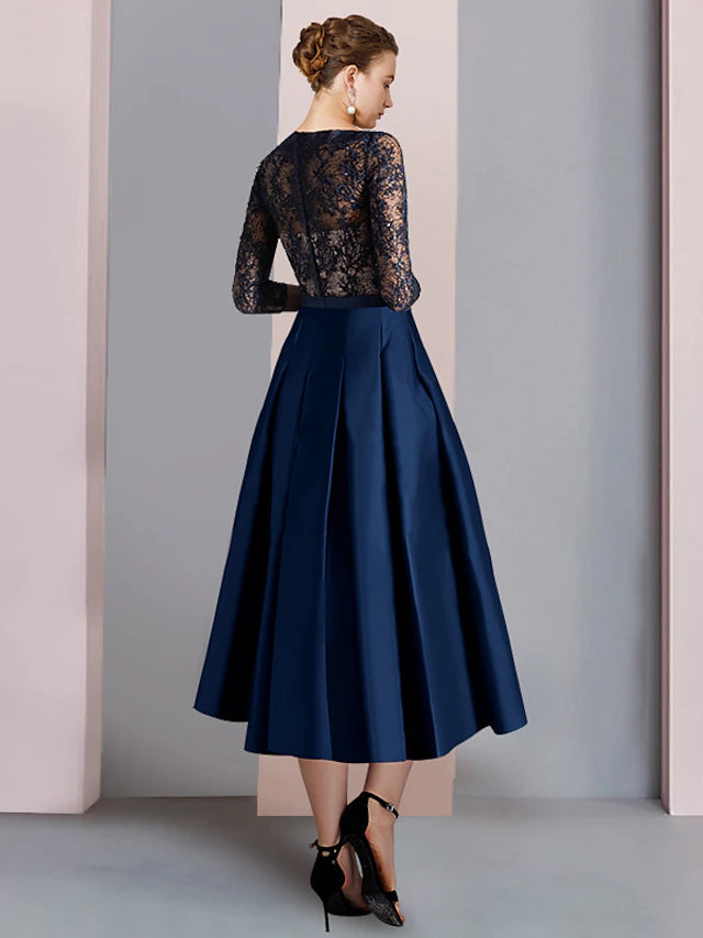 Luolandi A-Line Mother of the Bride Dress Formal Wedding Guest Party Elegant V Neck Tea Length Satin Lace Half Sleeve with Bow(s)