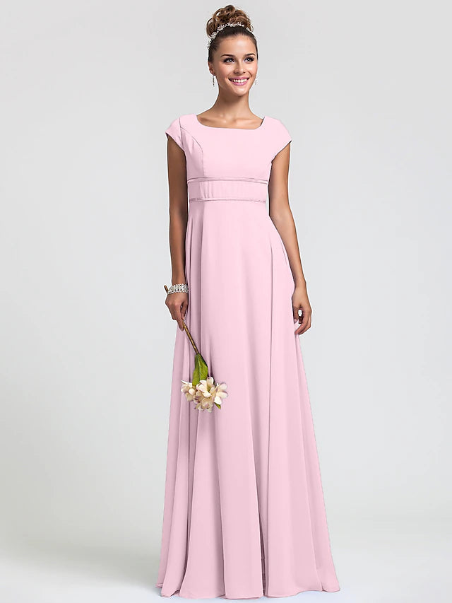 Luolandi Sheath / Column Bridesmaid Dress Square Neck Short Sleeve Elegant Floor Length Chiffon with Sash / Ribbon