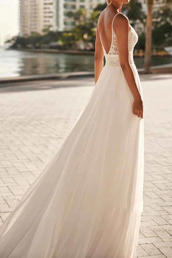 Luolandi Thin shoulder strap lace sticker side slit thin gauze beach wedding dress Open Back