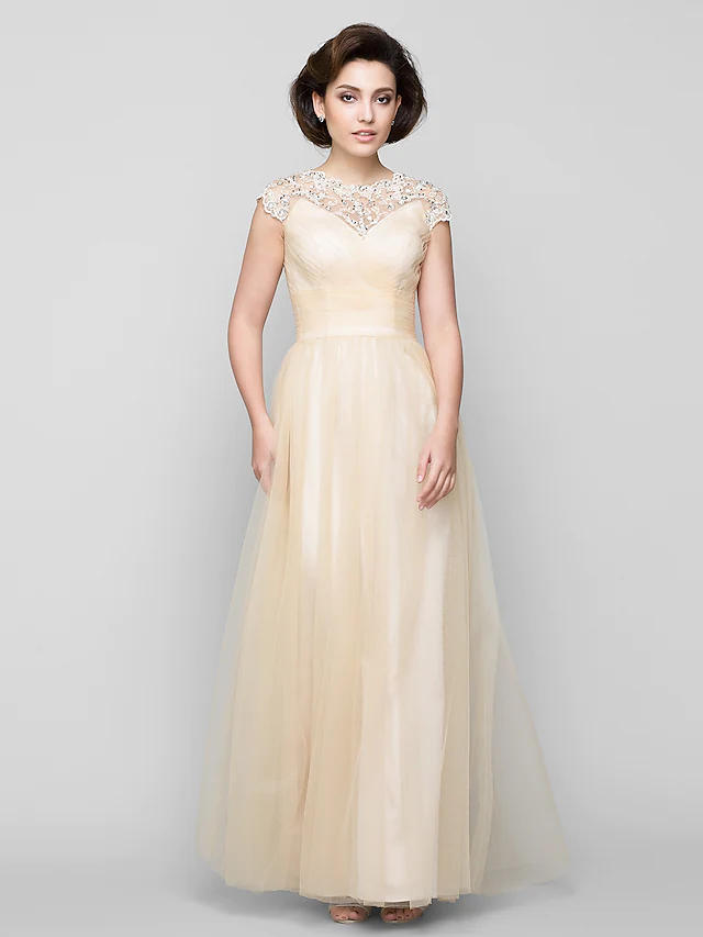 Luolandi A-Line Mother of the Bride Dress See Through Jewel Neck Floor Length Tulle Sleeveless with Beading Champagne