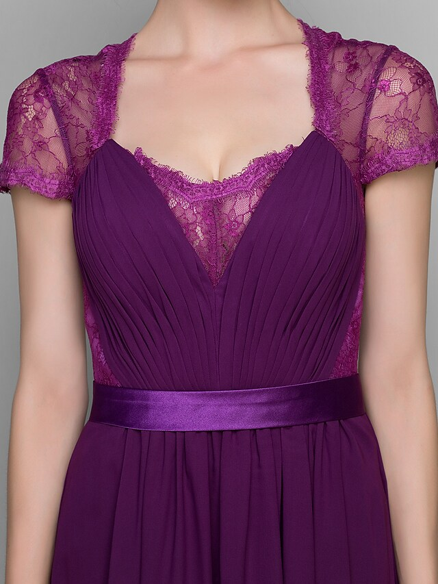 Luolandi A-Line Mother of the Bride Dress Square Neck Floor Length Chiffon Lace Short Sleeve with Lace Grape