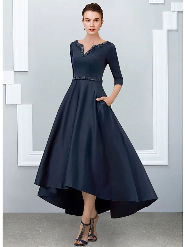 Luolandi A-Line Mother of the Bride Dress Elegant High Low V Neck Asymmetrical Ankle Length Satin Half Sleeve