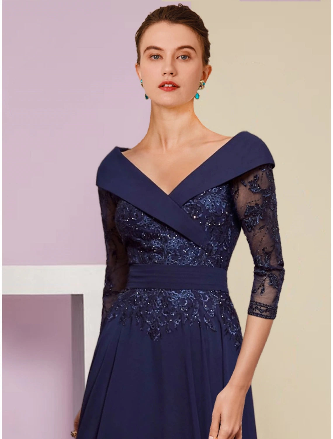 Luolandi A-Line Mother of the Bride Dress Wedding Guest Elegant V Neck Ankle Length Chiffon 3/4 Length Sleeve with Lace