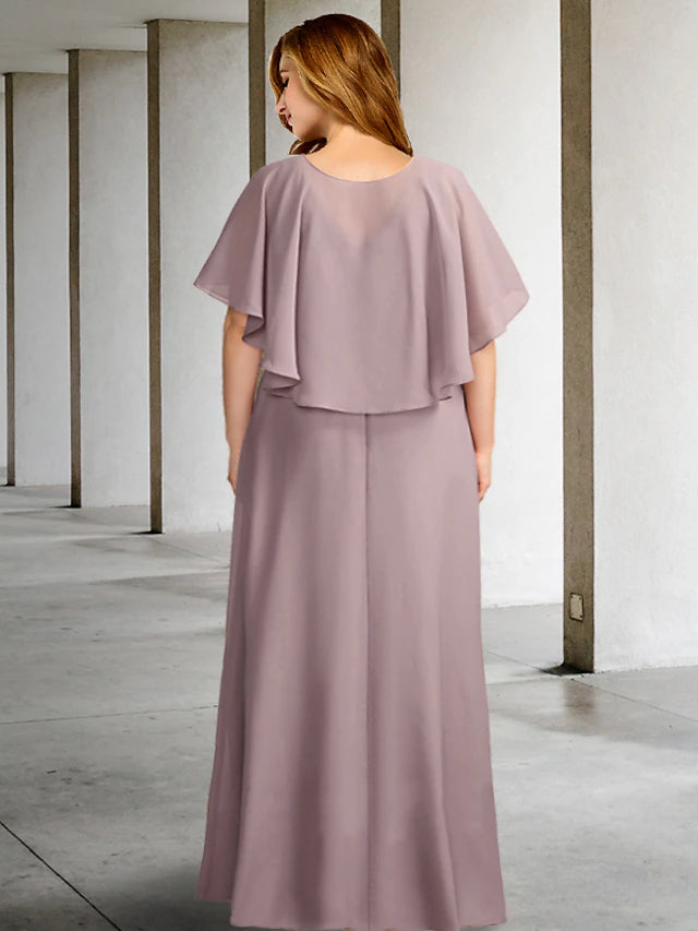 Luolandi Two Piece A-Line Plus Size Curve Mother of the Bride Dresses Elegant Dress Formal Floor Length Sleeveless V Neck Chiffon with Pleats