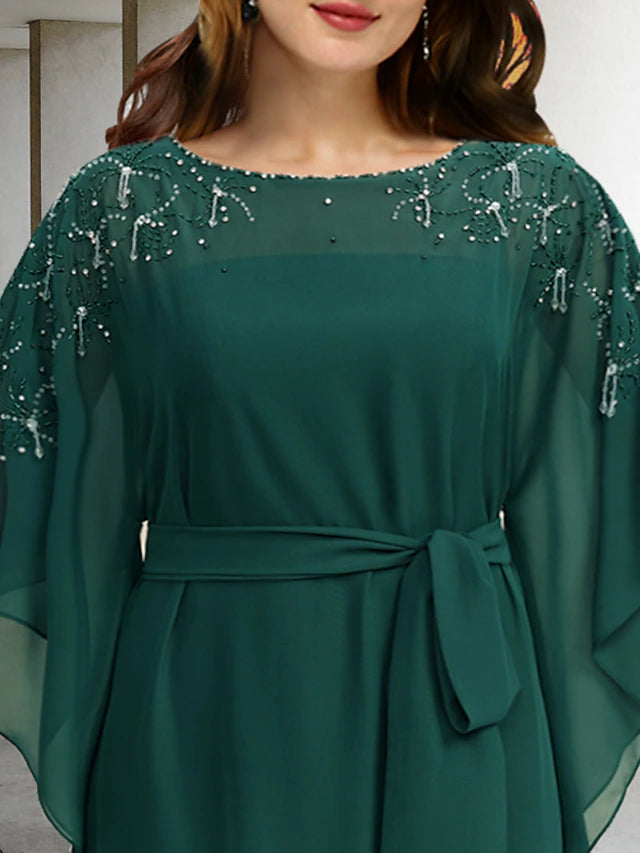 Luolandi A-Line Plus Size Curve Mother of the Bride Dresses Elegant Dress Formal Floor Length Half Sleeve Jewel Neck Chiffon with Beading