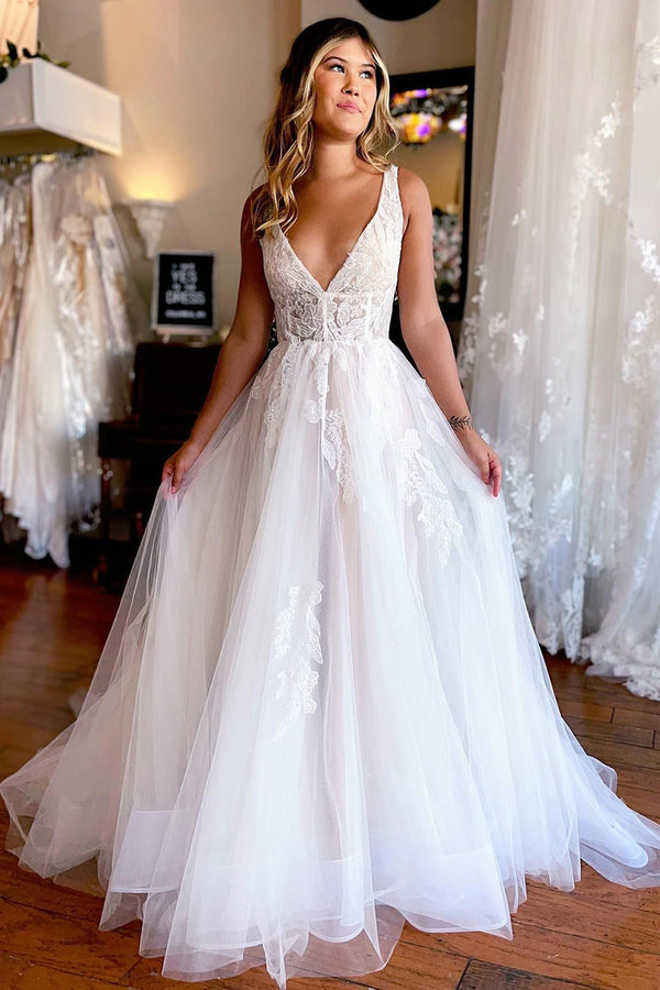 Luolandi Elegant A-Line Deep V-Neck Backless Long Wedding Dress with Lace Sexy Bridal Gown