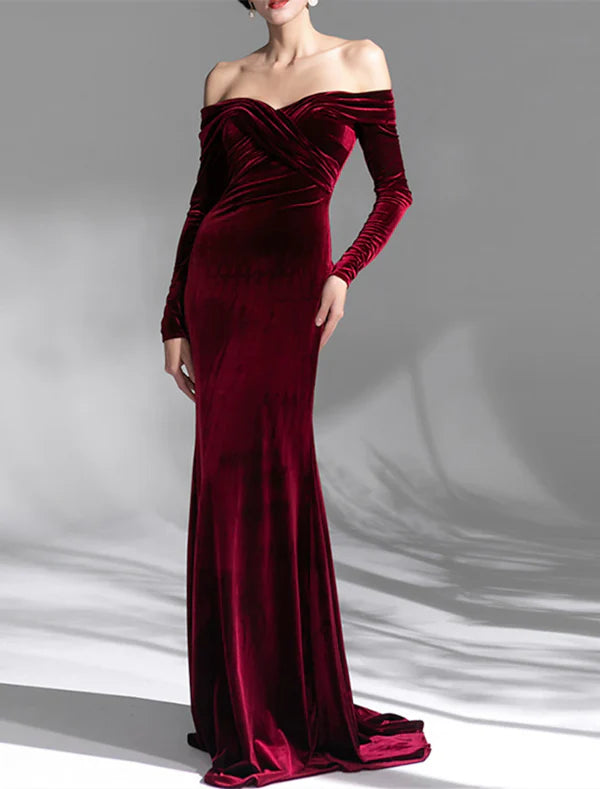 Luolandi Mermaid / Trumpet Evening Gown Open Back Dress Formal Wedding Guest Sweep / Brush Train Long Sleeve Off Shoulder Velvet with Ruched Evening Dress