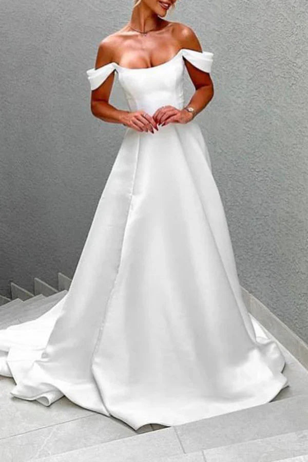 Luolandi Satin A-line boat shaped off shoulder train elegant wedding dress Sexy