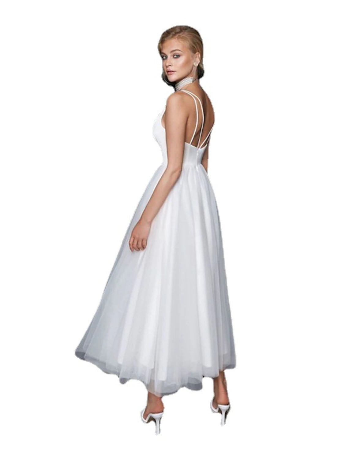Luolandi Reception Little Dresses Casual Wedding Dresses A-Line Camisole V Neck Spaghetti Strap Ankle Length Tulle Bridal Gowns