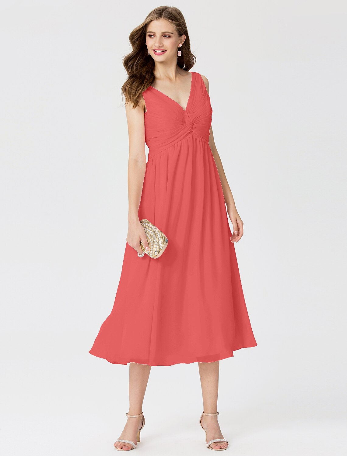 Luolandi Ball Gown / A-Line V Neck Tea Length Chiffon Bridesmaid Dress with Criss Cross