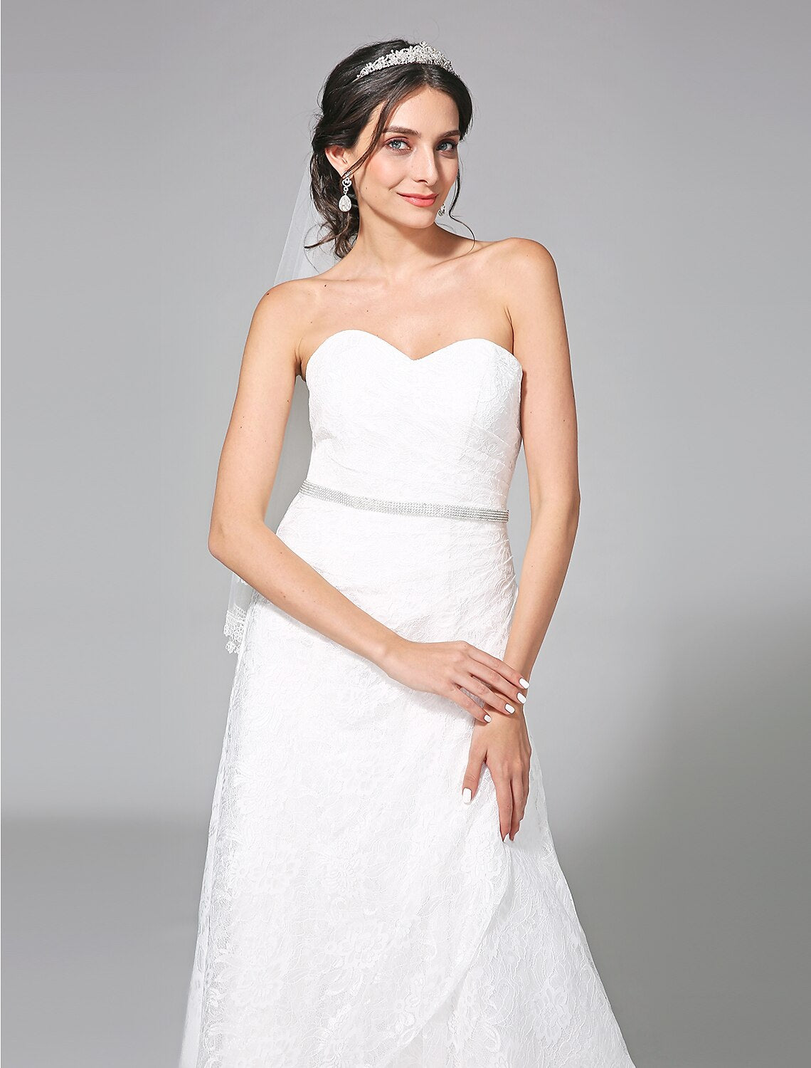Luolandi Wedding Dresses A-Line Sweetheart Sleeveless Sweep / Brush Train Lace Bridal Gowns With Sash Side-Draped