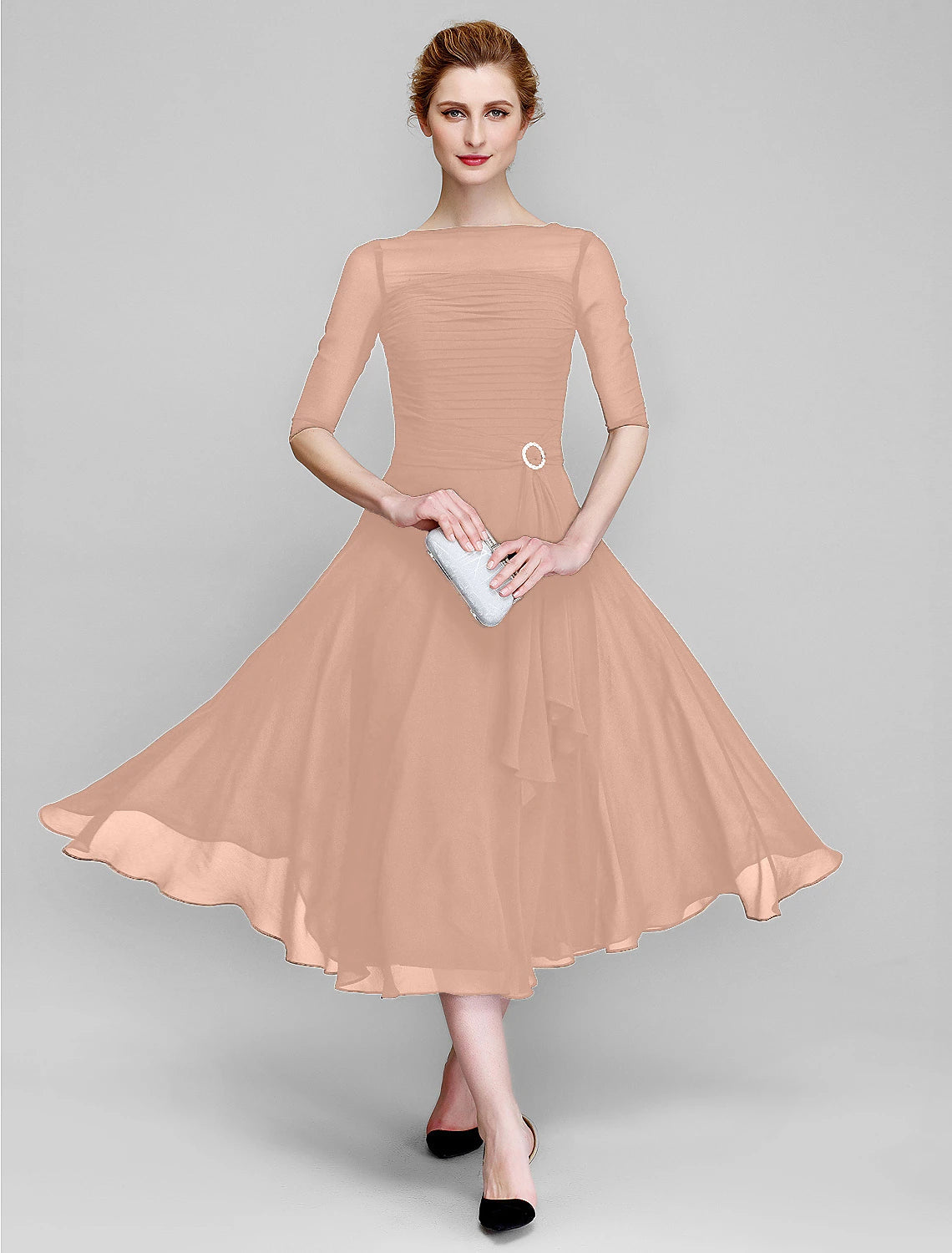 Luolandi A-Line Mother of the Bride Dress Fall Wedding Guest Dresses Plus Size Elegant Bateau Neck Tea Length Chiffon Half Sleeve