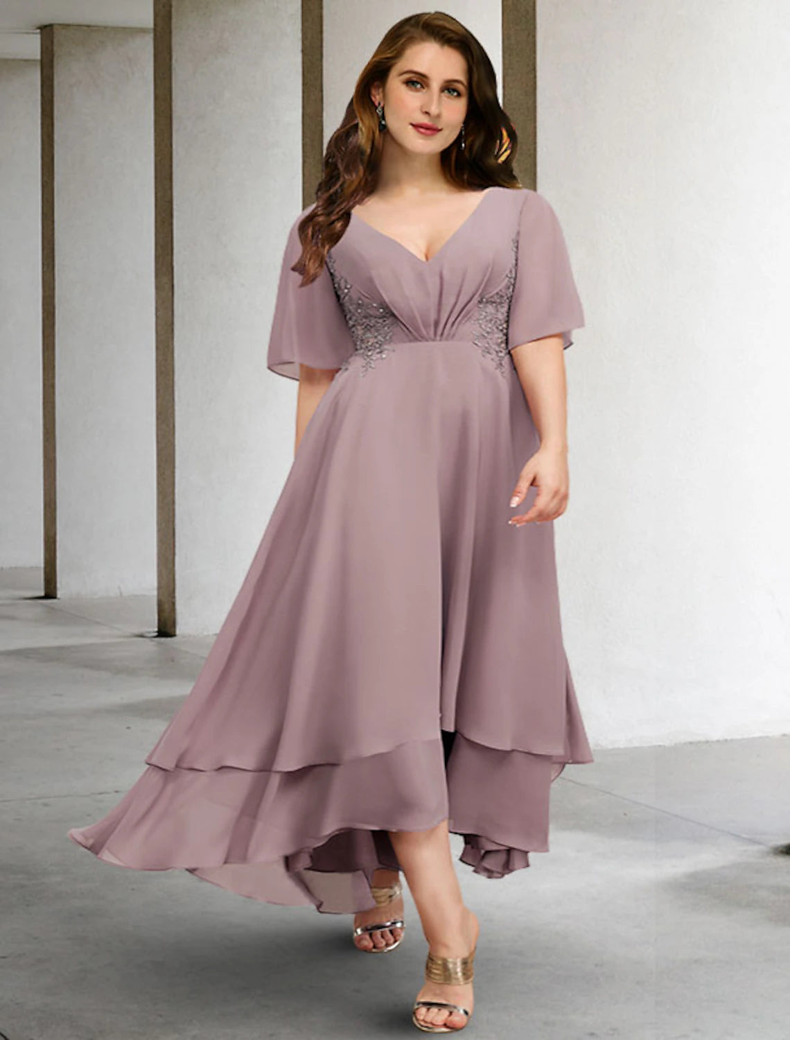 Luolandi A-Line Mother of the Bride Dresses Plus Size Hide Belly Curve Elegant Dress Formal Asymmetrical Short Sleeve V Neck Chiffon with Ruffles