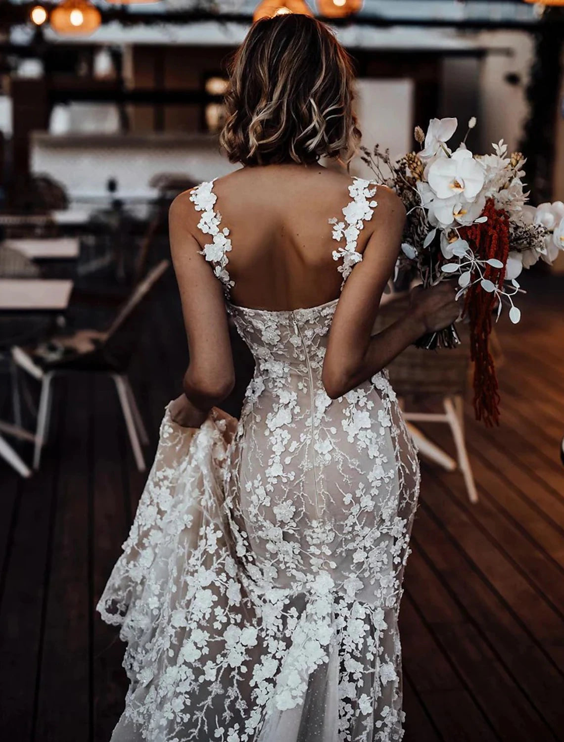 Luolandi Beach Sexy Boho Wedding Dresses Mermaid Sweetheart Regular Straps Court Train Lace Bridal Gowns With Appliques Summer Fall Wedding Party