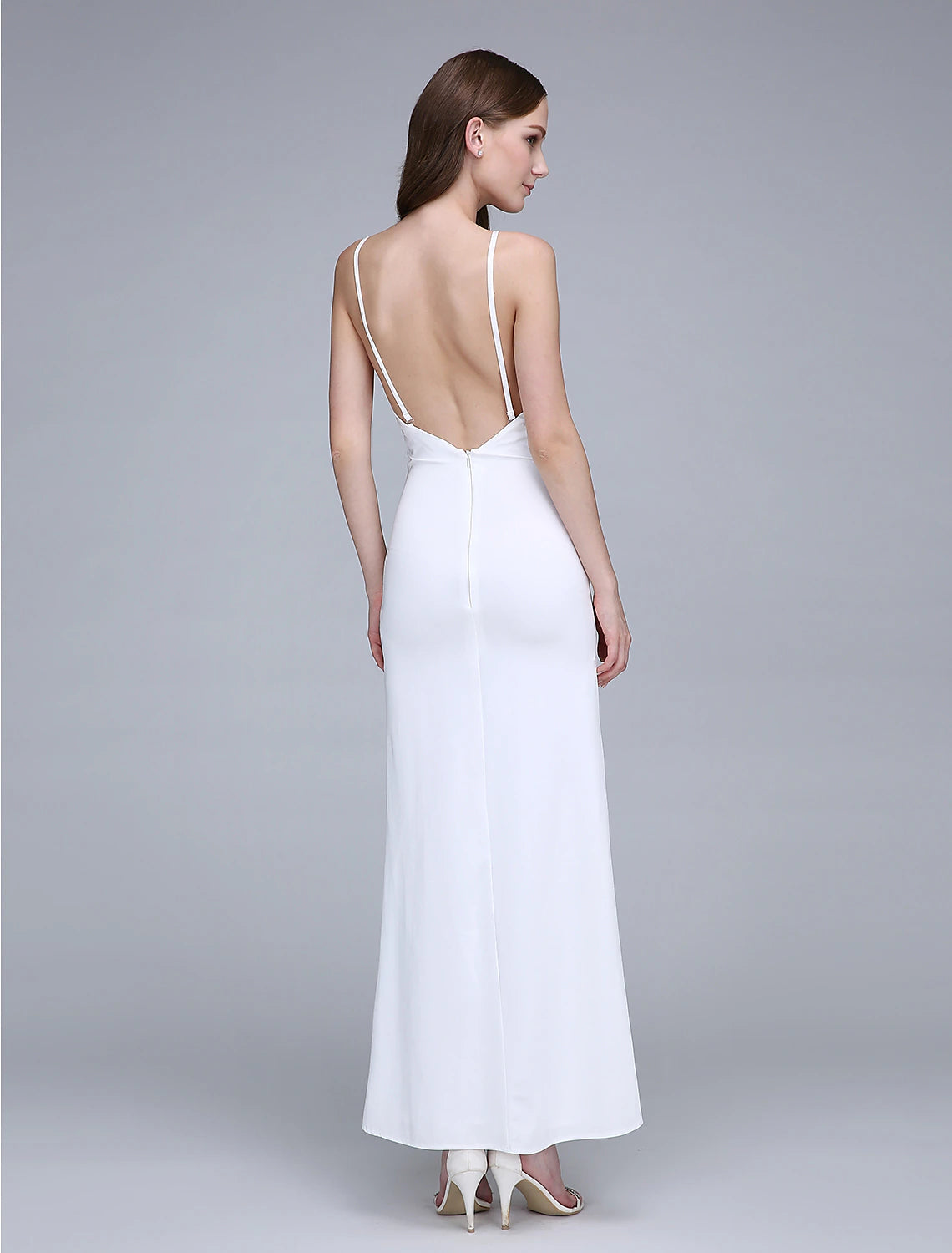Luolandi Sheath / Column Bridesmaid Dress Bateau Neck Sleeveless Open Back Ankle Length Chiffon with Split Front