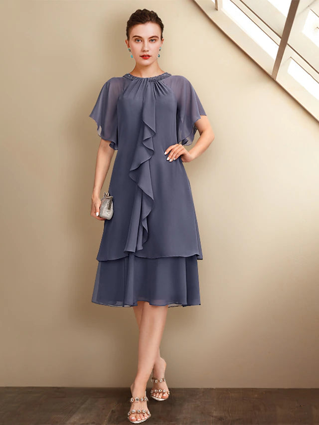 Luolandi A-Line Mother of the Bride Dress Plus Size Elegant Jewel Neck Knee Length Chiffon Short Sleeve with Beading