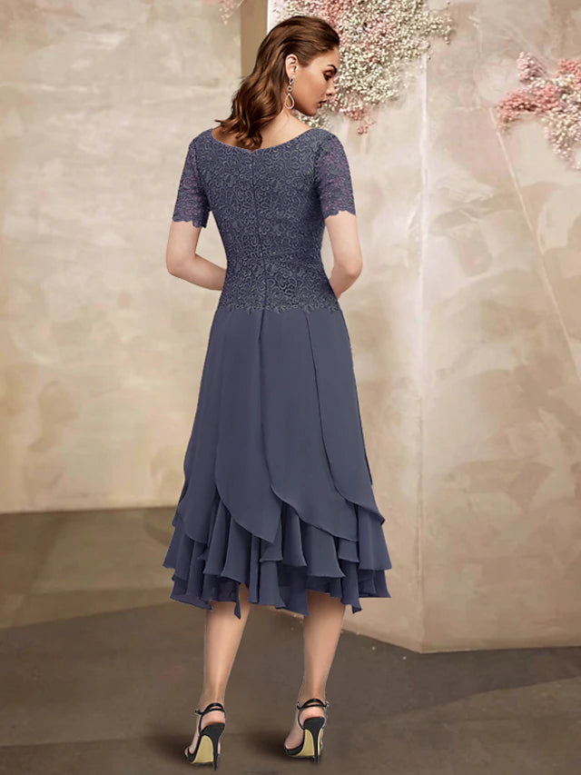 Luolandi Mermaid / Trumpet Mother of the Bride Dress Elegant High Low Jewel Neck Asymmetrical Tea Length Chiffon Lace Short Sleeve Wrap Included with Lace